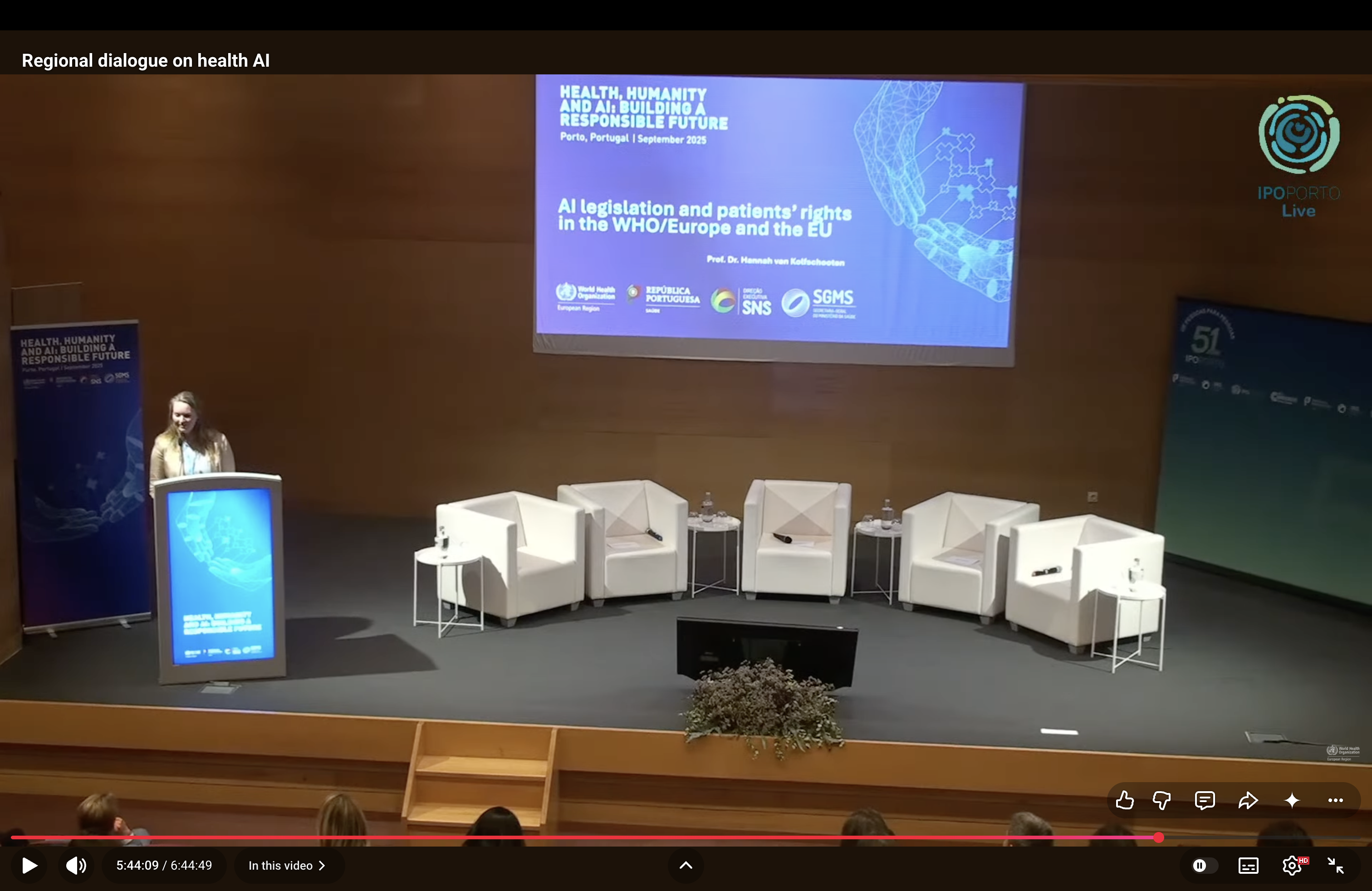 Hannah van Kolfschooten speaking about artificial intelligence legislation and patients' rights at a World Health Organization conference
