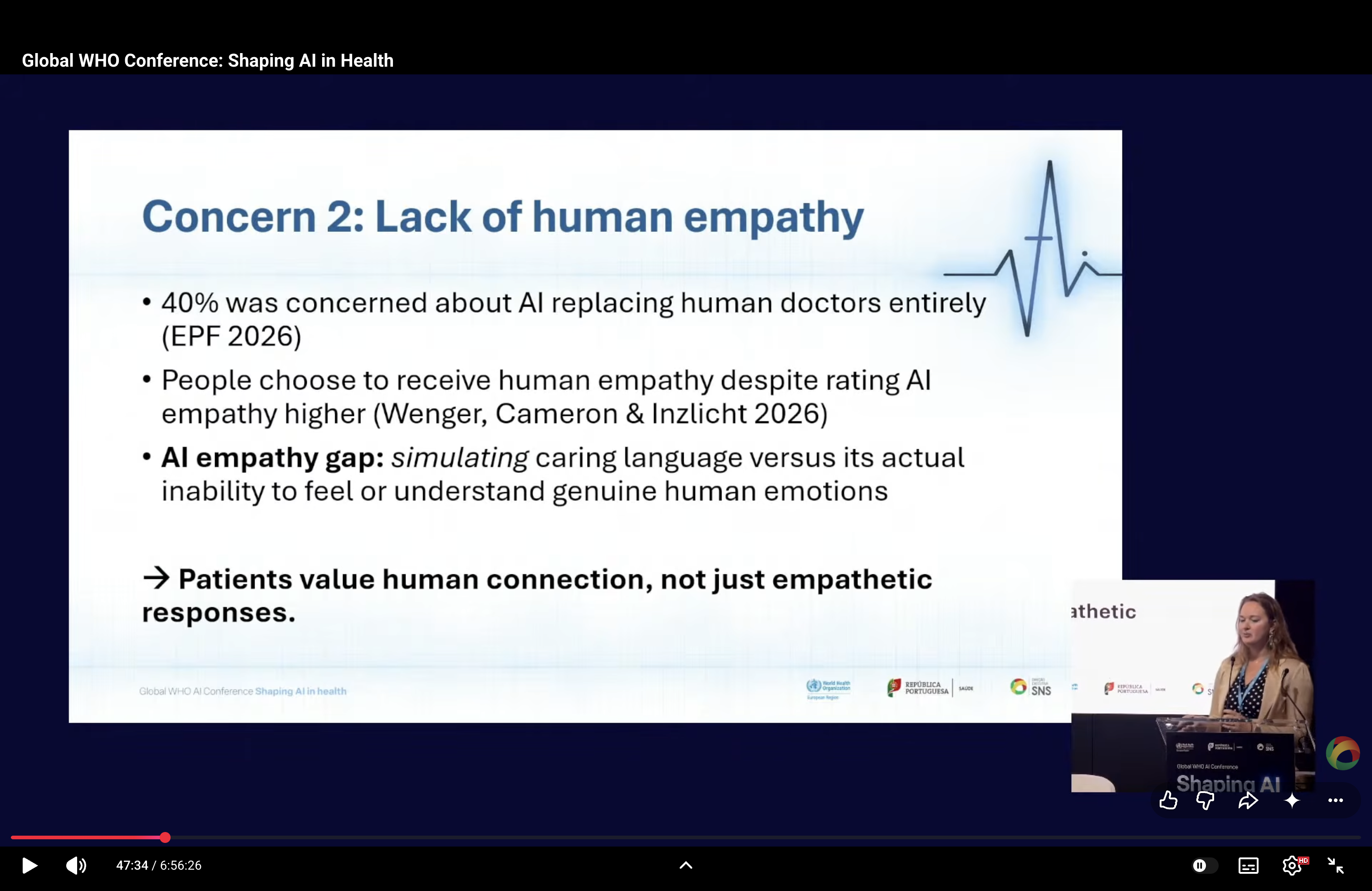 Hannah van Kolfschooten speaking about patient perspectives and patient voices in artificial intelligence at the Global WHO Conference